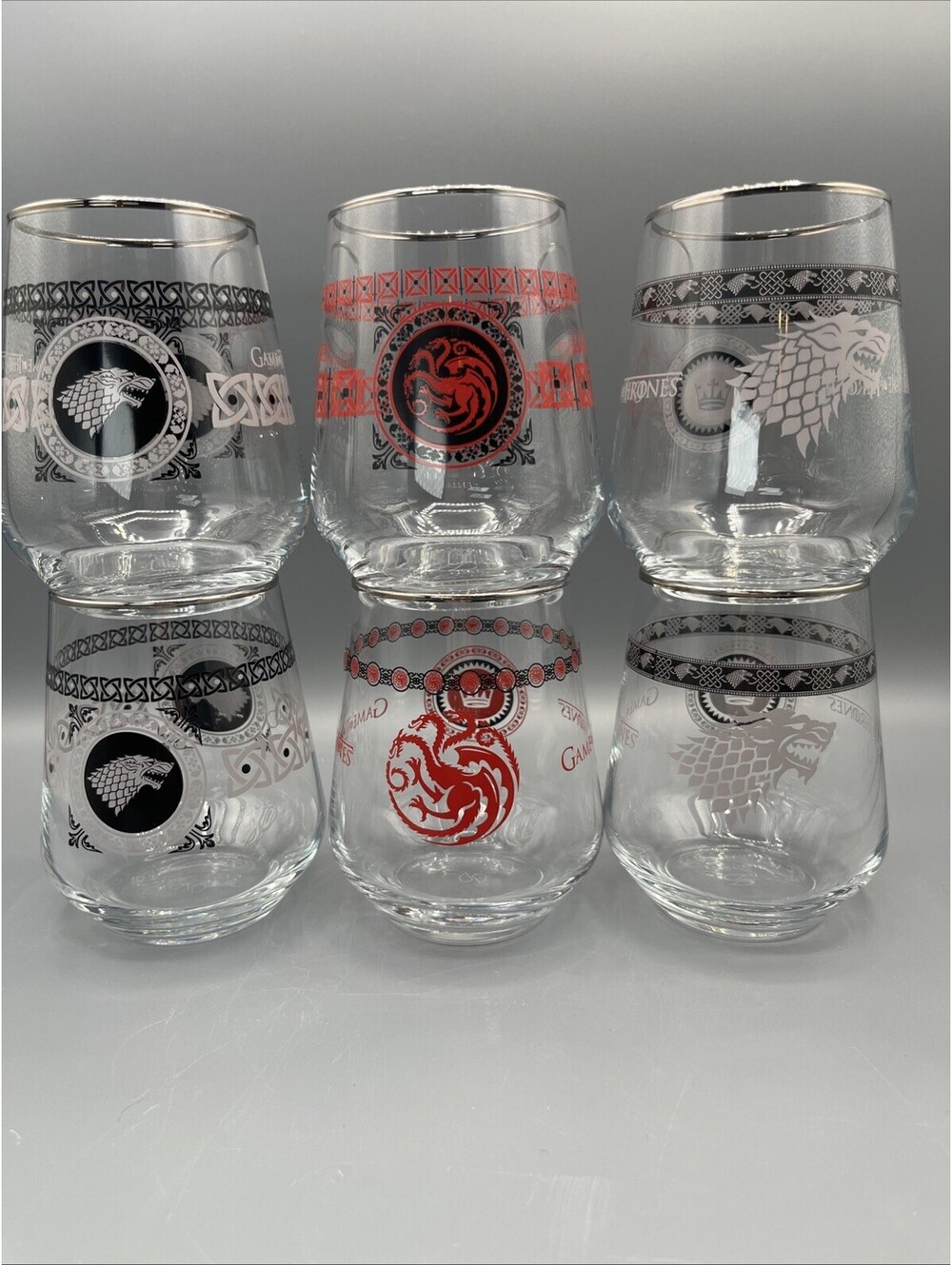 Game of Thrones Stemless Wine Glasses Set of 6, 14.4 oz Platinum Rim